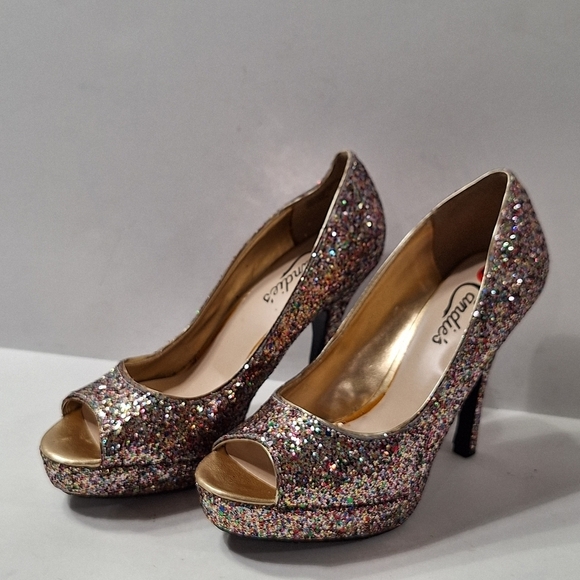 Candies Bohemian Retro Glitter Rainbow Peep Toe Platform Stiletto Heels Size 6.5 - Picture 2 of 8
